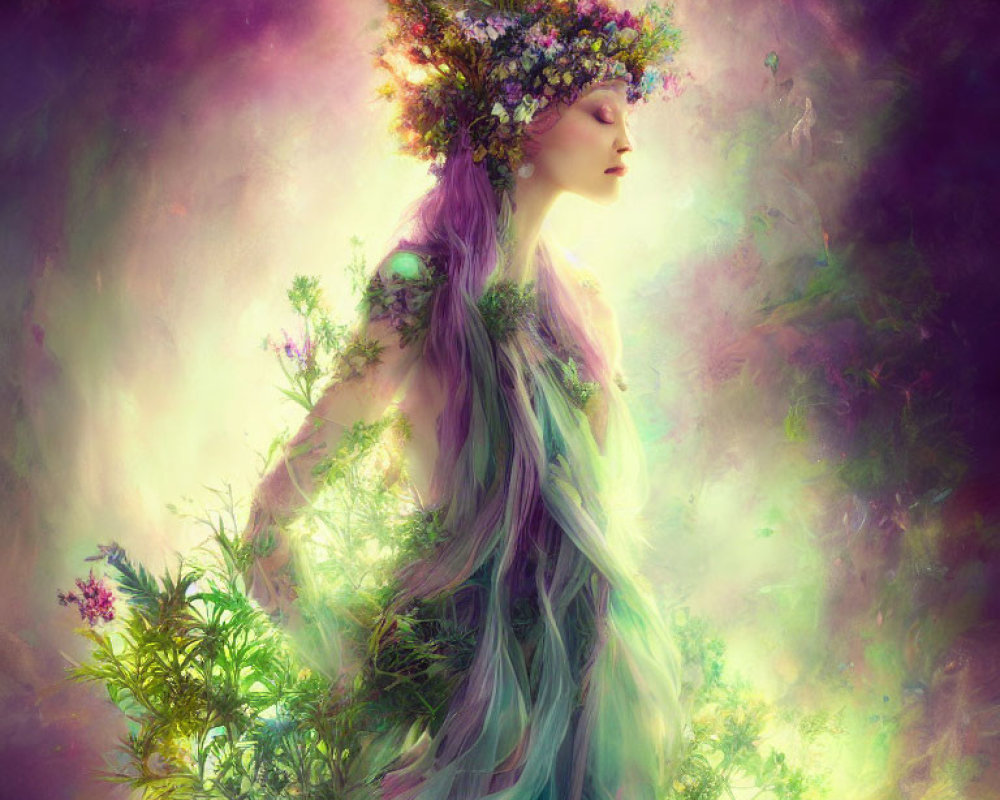 Colorful Floral Crown Woman Illustration in Nature Theme