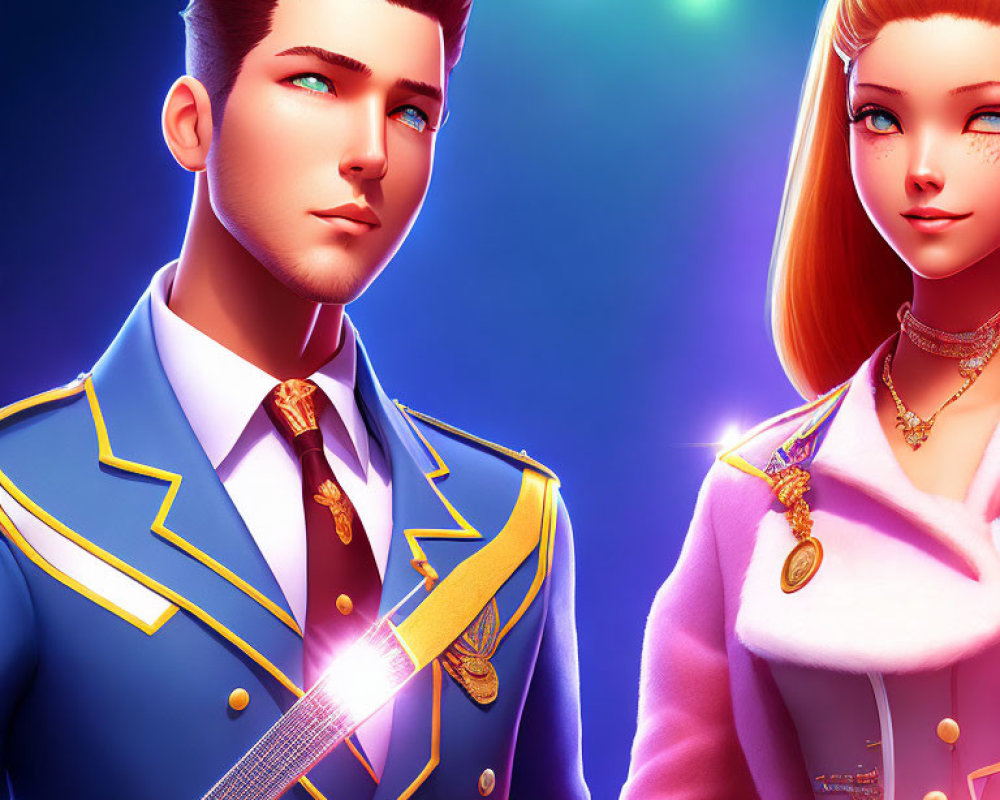 Stylized male and female animated characters in blue and pink outfits under bright light