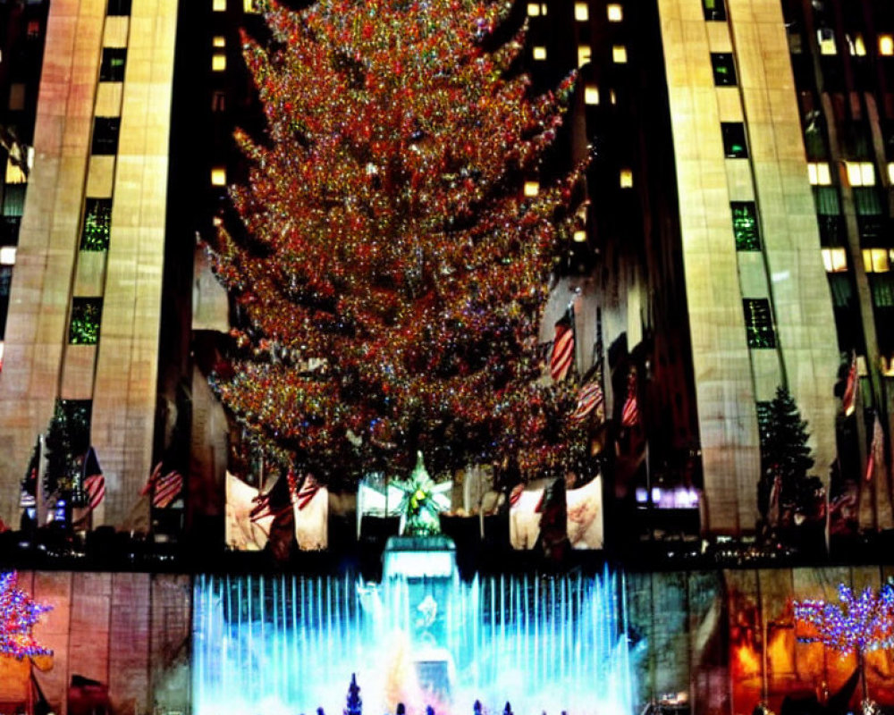 Brightly lit Christmas tree in front of building with lights, smaller trees, and American flags