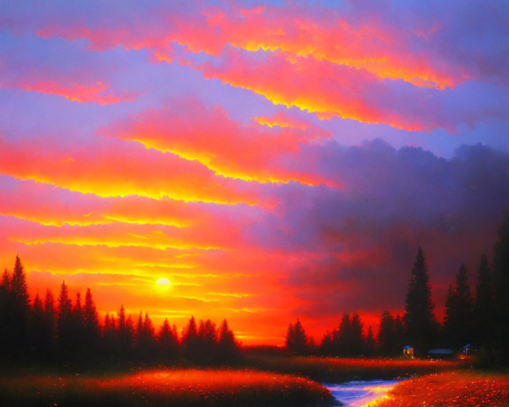 Vibrant sunset with orange and red clouds reflected in a river amid forest and meadow.