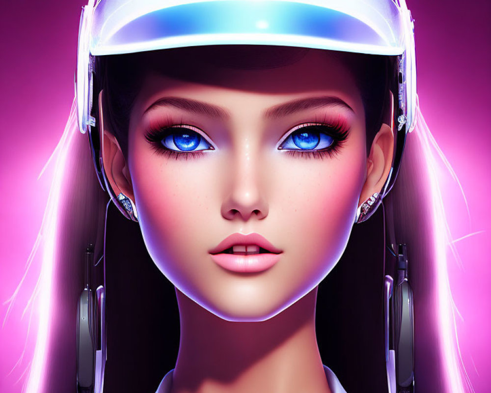 Futuristic female character with glowing blue eyes in visor and headset