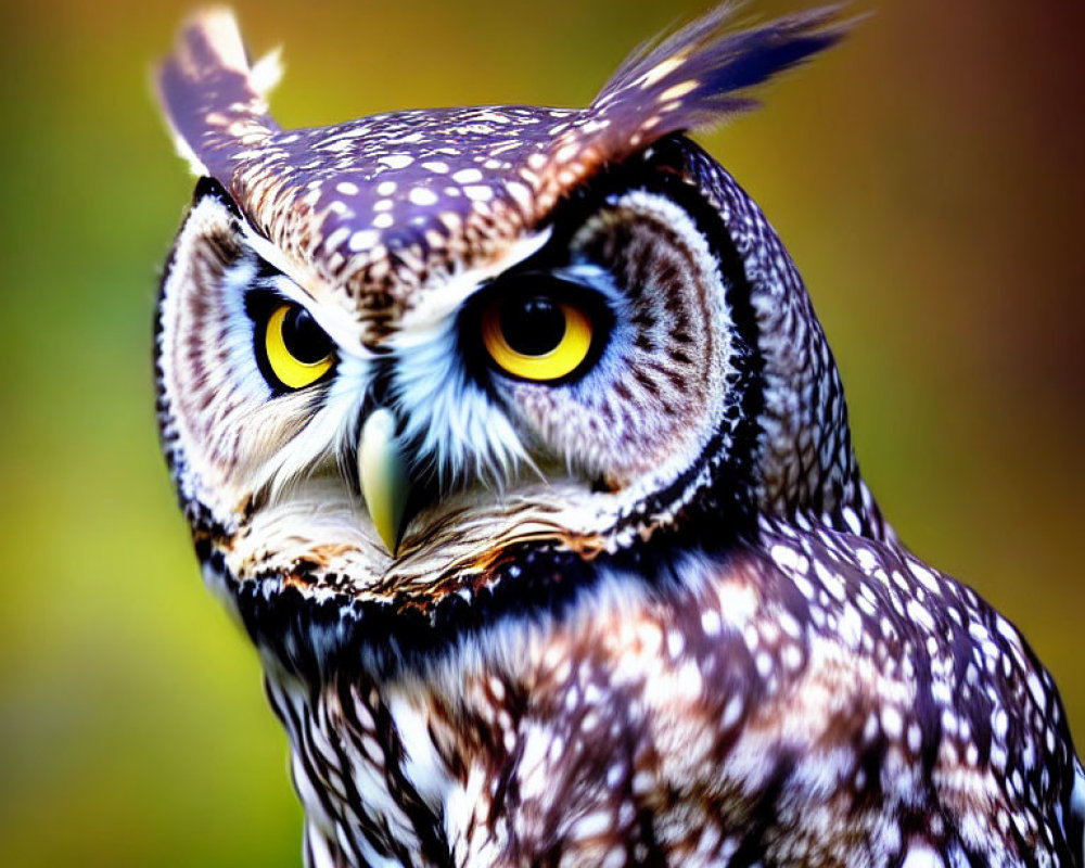 Spotted owl with yellow eyes and ear tufts on blurred background