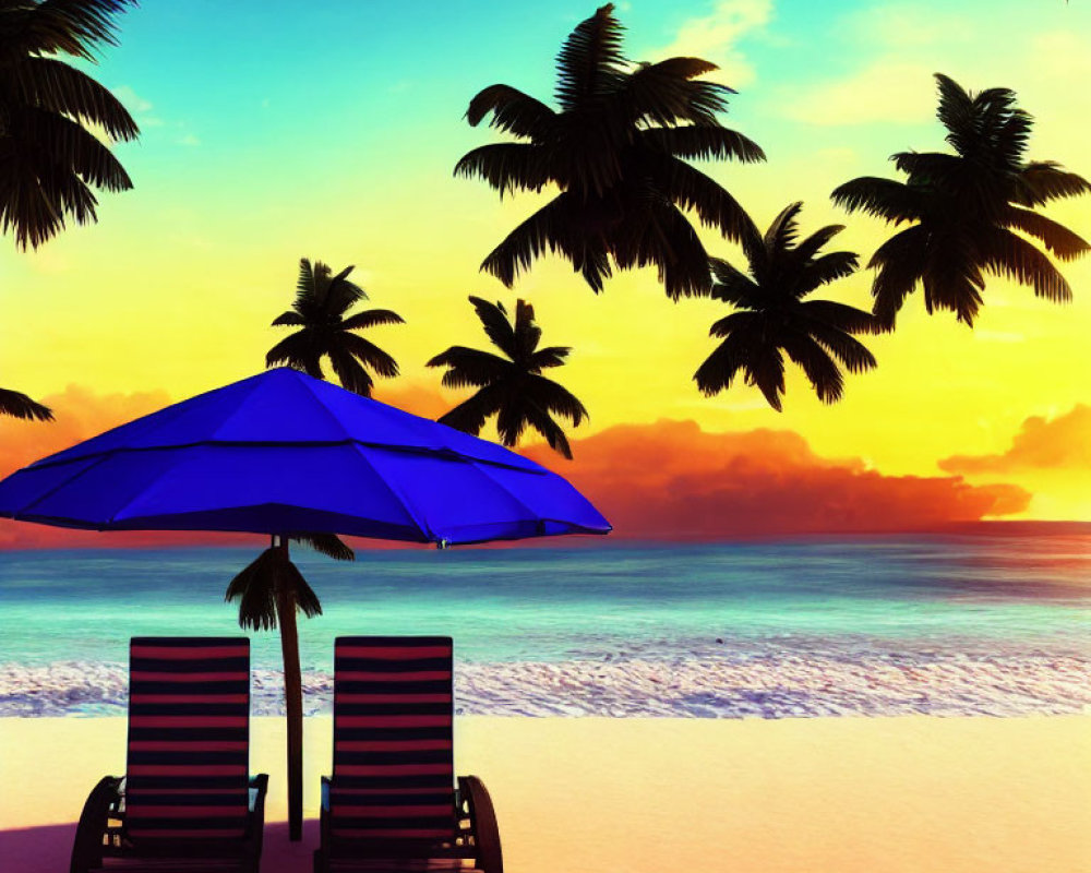 Beach chairs, umbrella, palm trees on sandy beach at sunset