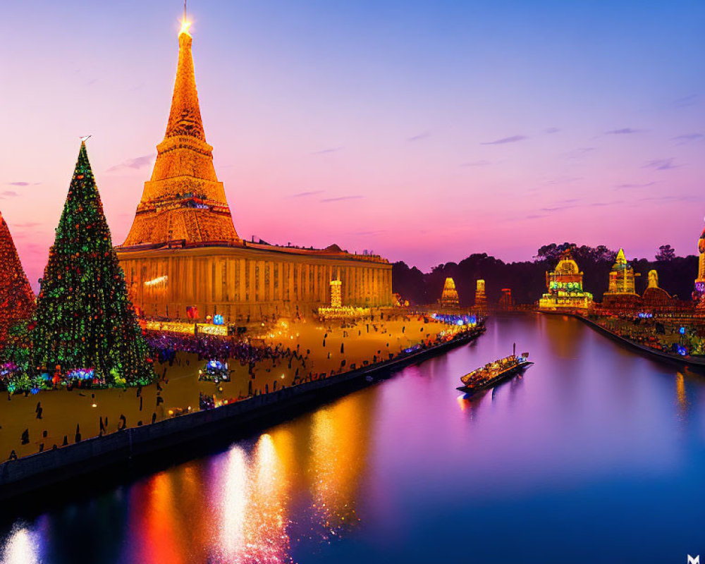 Large Pagoda and Christmas Tree Illuminated at Twilight by Water Body