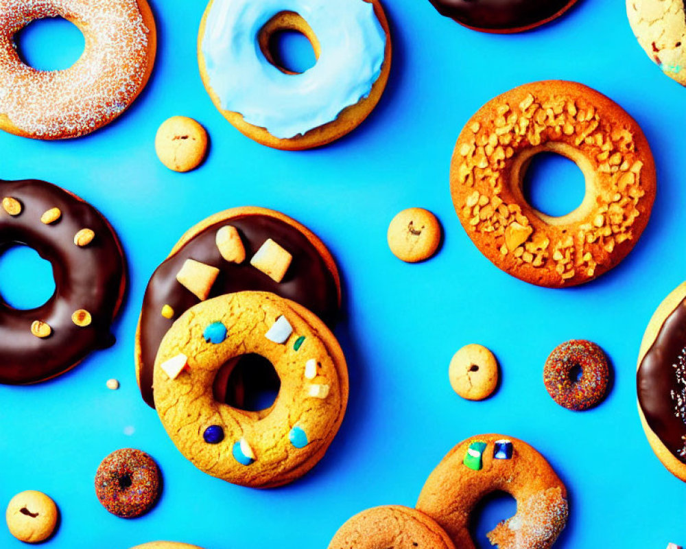 Assorted Donuts and Cookies with Various Toppings on Bright Blue Background