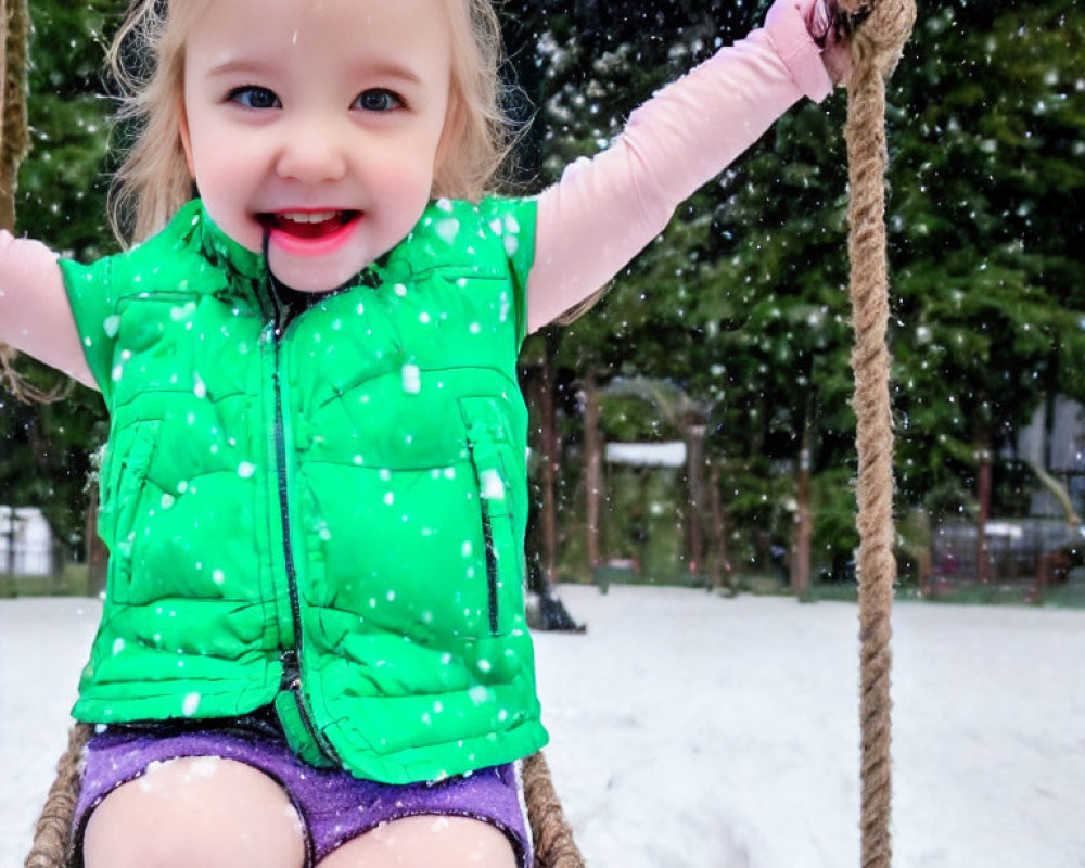 Toddler in Green Vest Swinging on Rope Swing with Snowflakes