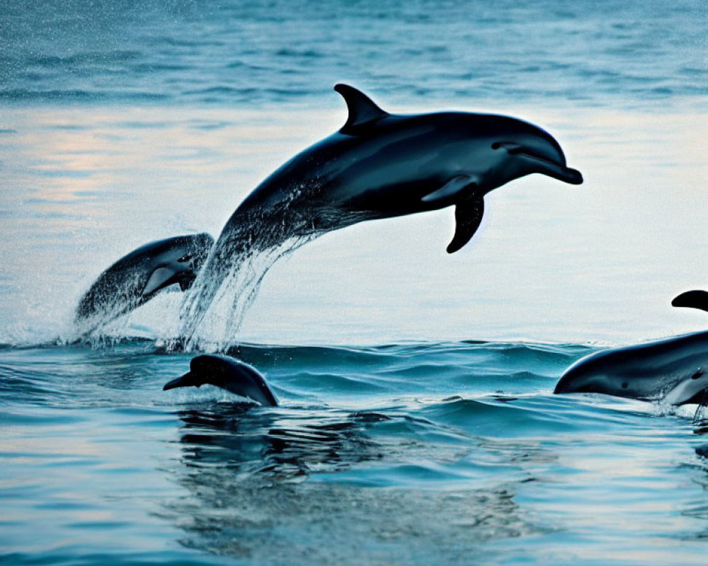 Pod of Dolphins Leaping Above Blue Ocean Water