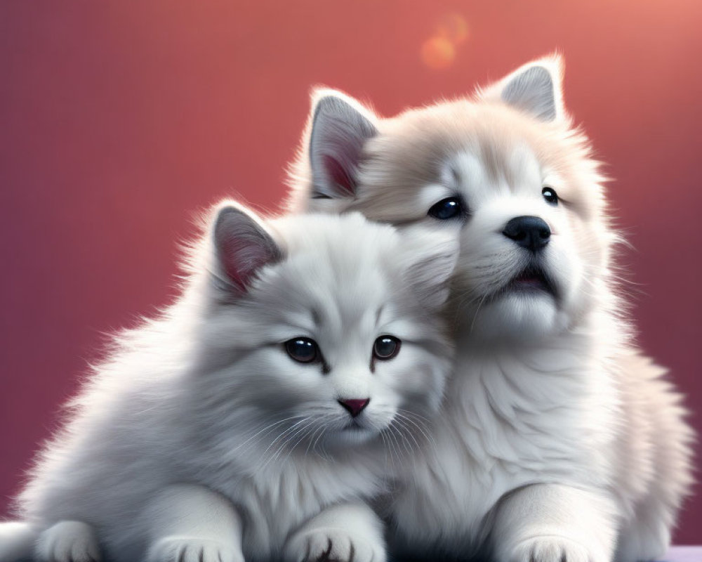 Fluffy White Cat and Dog Cuddle on Red and Blue Background