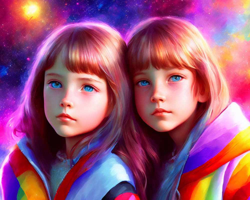 Twin girls digital art: blue eyes, shoulder-length hair, vibrant cosmic background, colorful striped hood