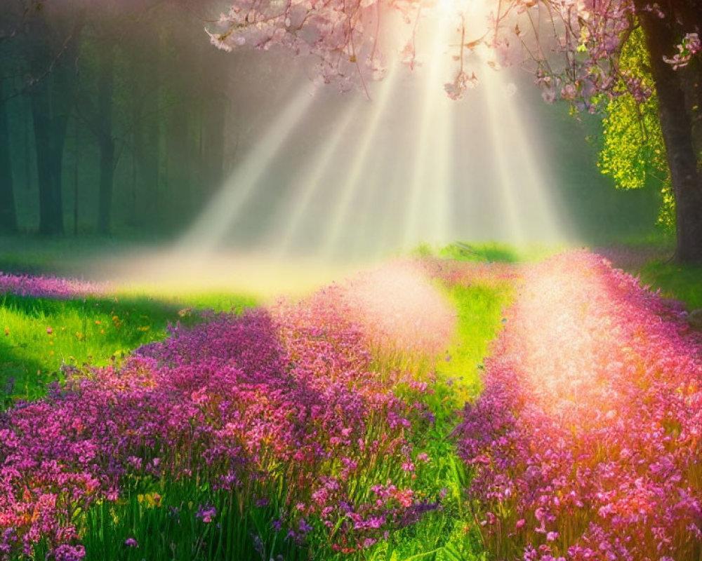 Sunbeams through cherry blossoms over purple flower field in misty forest