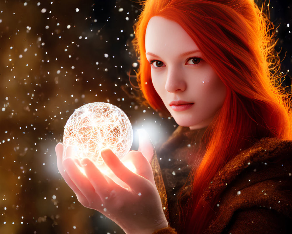 Red-haired person holds glowing orb in starry backdrop