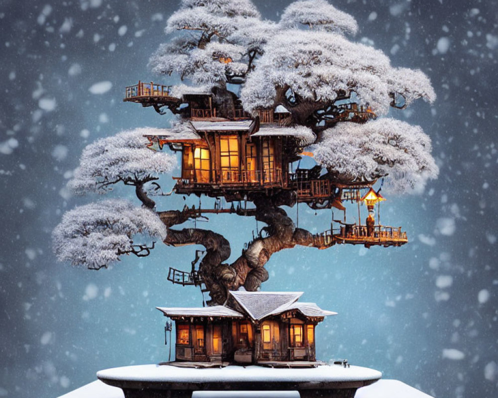 Miniature glowing treehouse in snow-covered bonsai tree