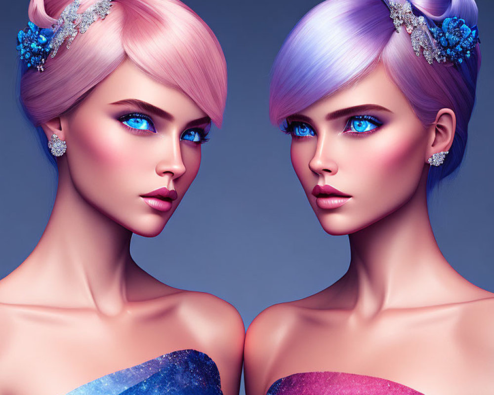 Stylized female figures with pink and purple hair and blue eyes on blue background