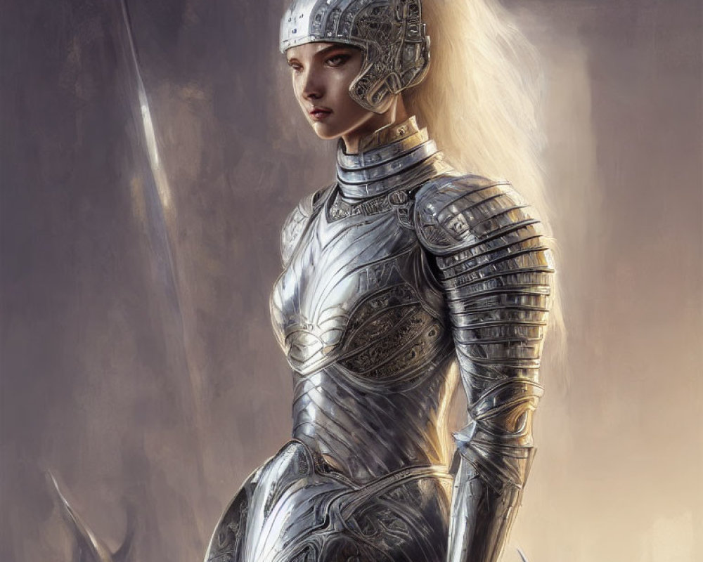 Medieval armored person in intricate helmet, contemplative pose