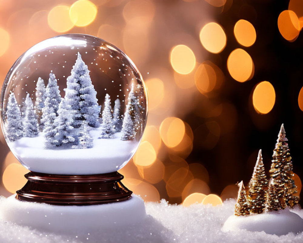 Winter Scene Snow Globe with Glowing Bokeh Lights