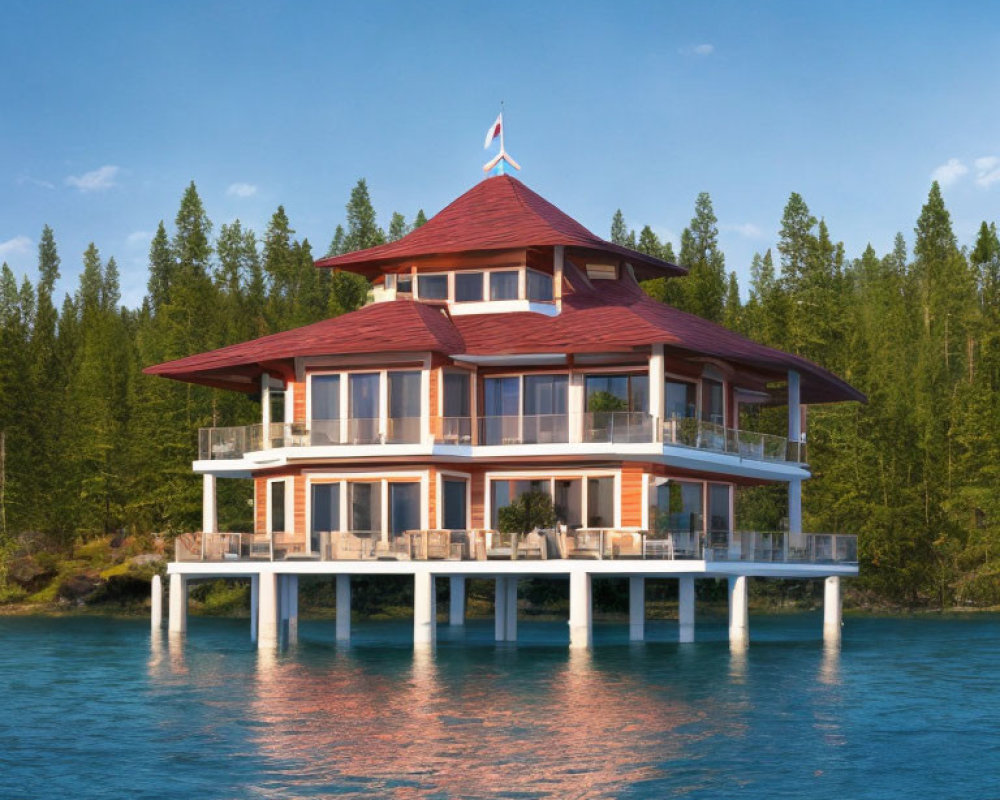 Two-Story Waterfront House with Red Roof, Large Windows, and Balconies on Stil