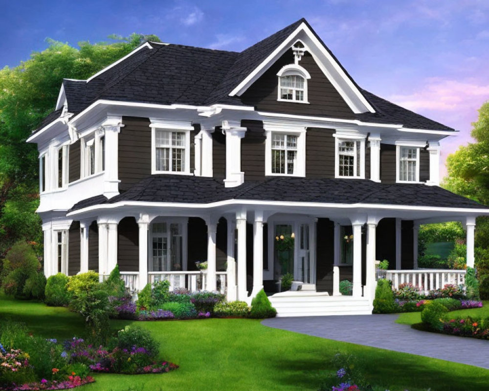 Dark Siding Two-Story House with Large Windows and Porch at Dusk