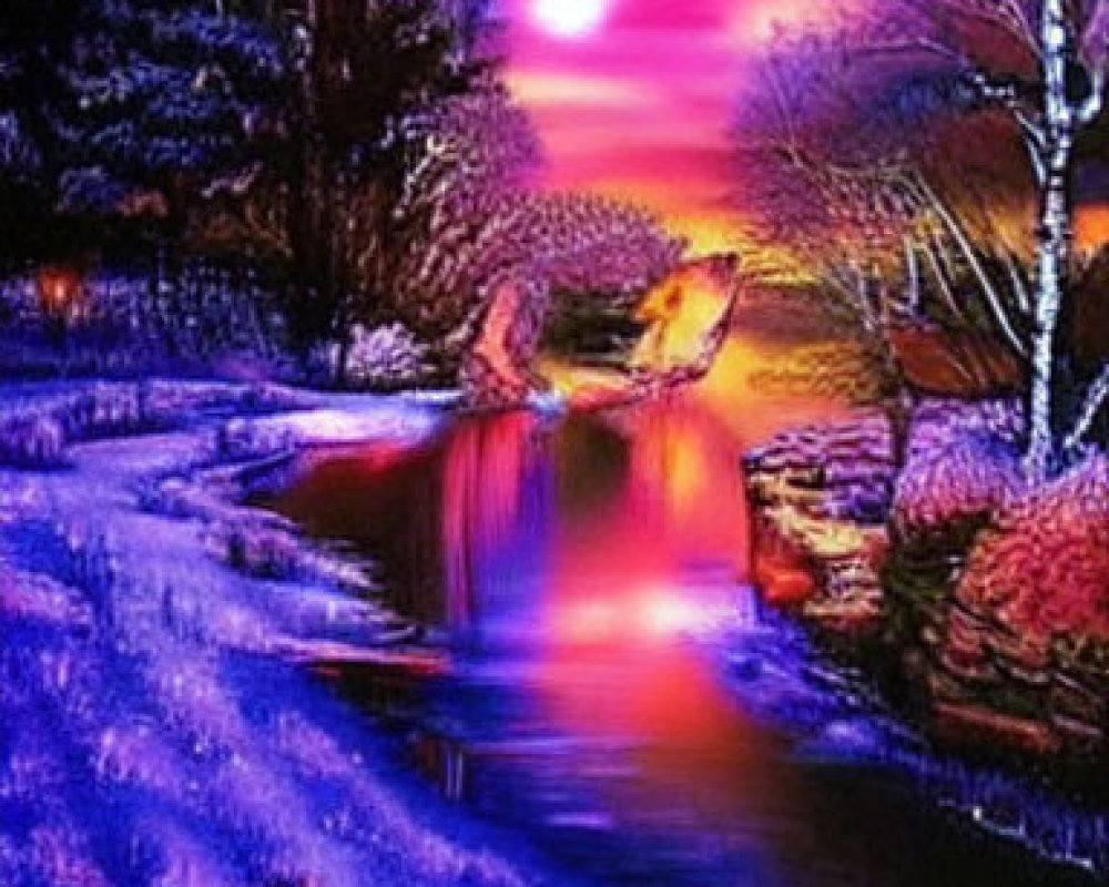 Vibrant Digital Artwork: Surreal Landscape with River and Pinkish-Purple Sky