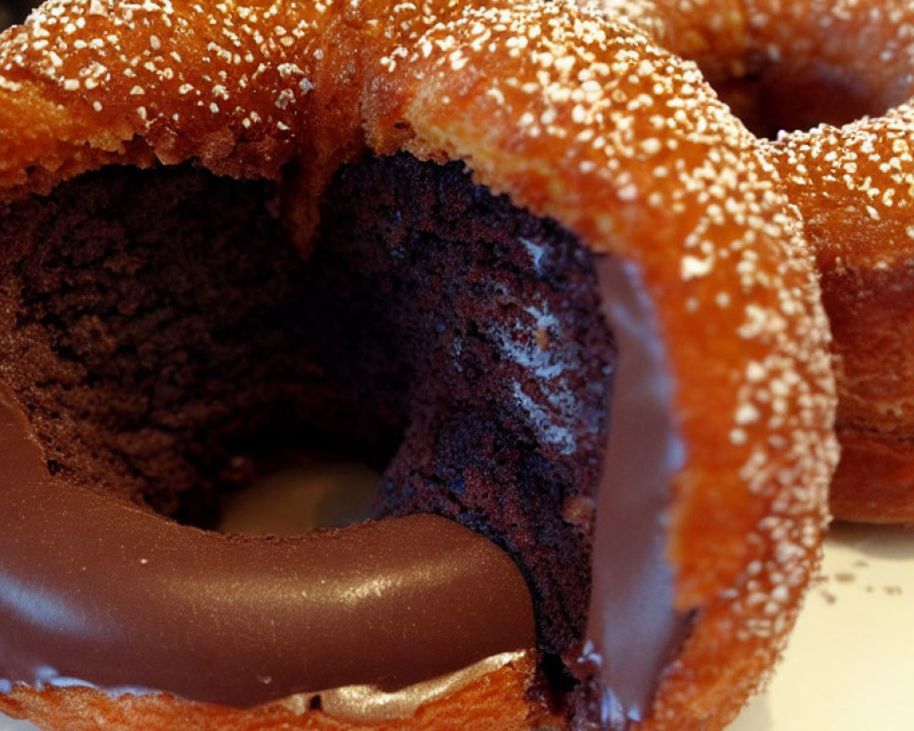 Three chocolate donuts with white sprinkles, one partially eaten showing soft interior