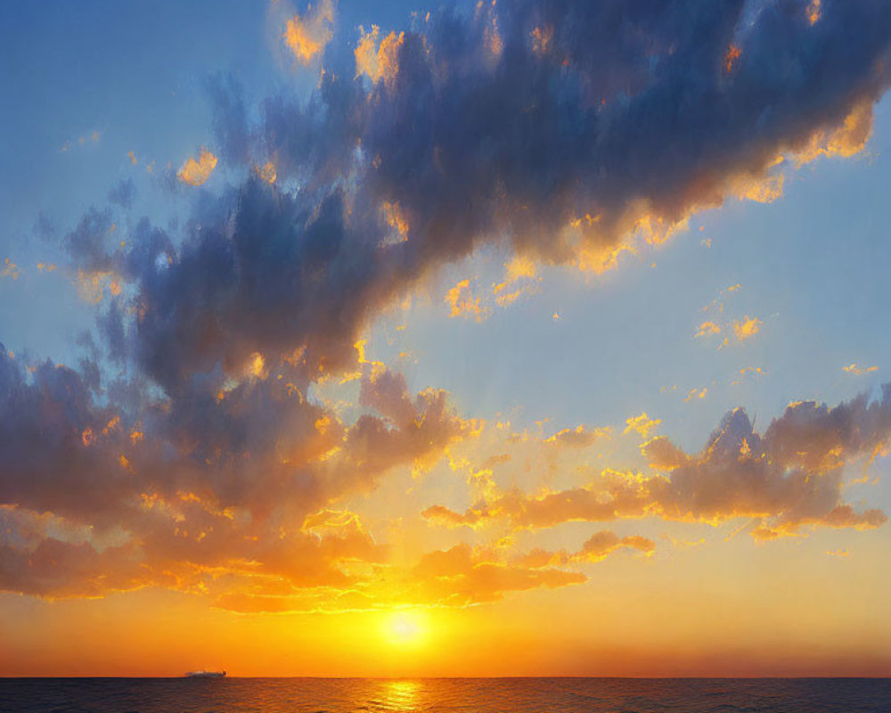 Scattered clouds over vibrant ocean sunset with ship on horizon