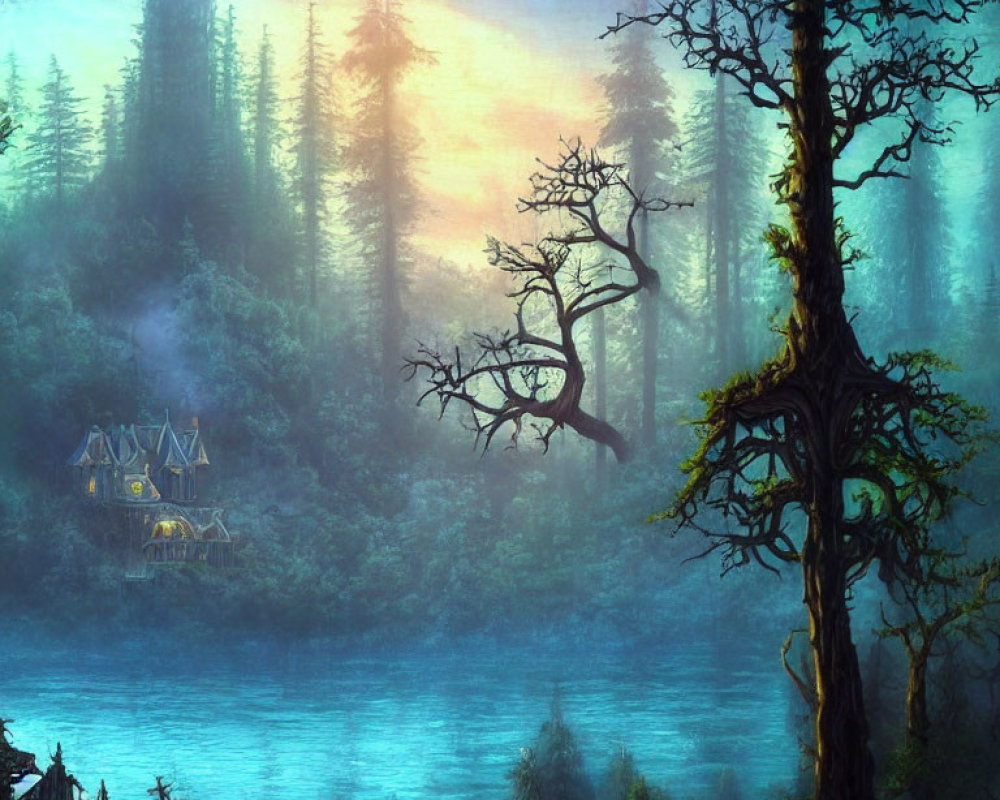 Twilight mystical forest with river, cottage, and foggy landscape