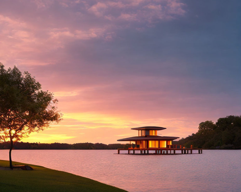 Tranquil lakeside pavilion at sunset with lush greenery & calm waters