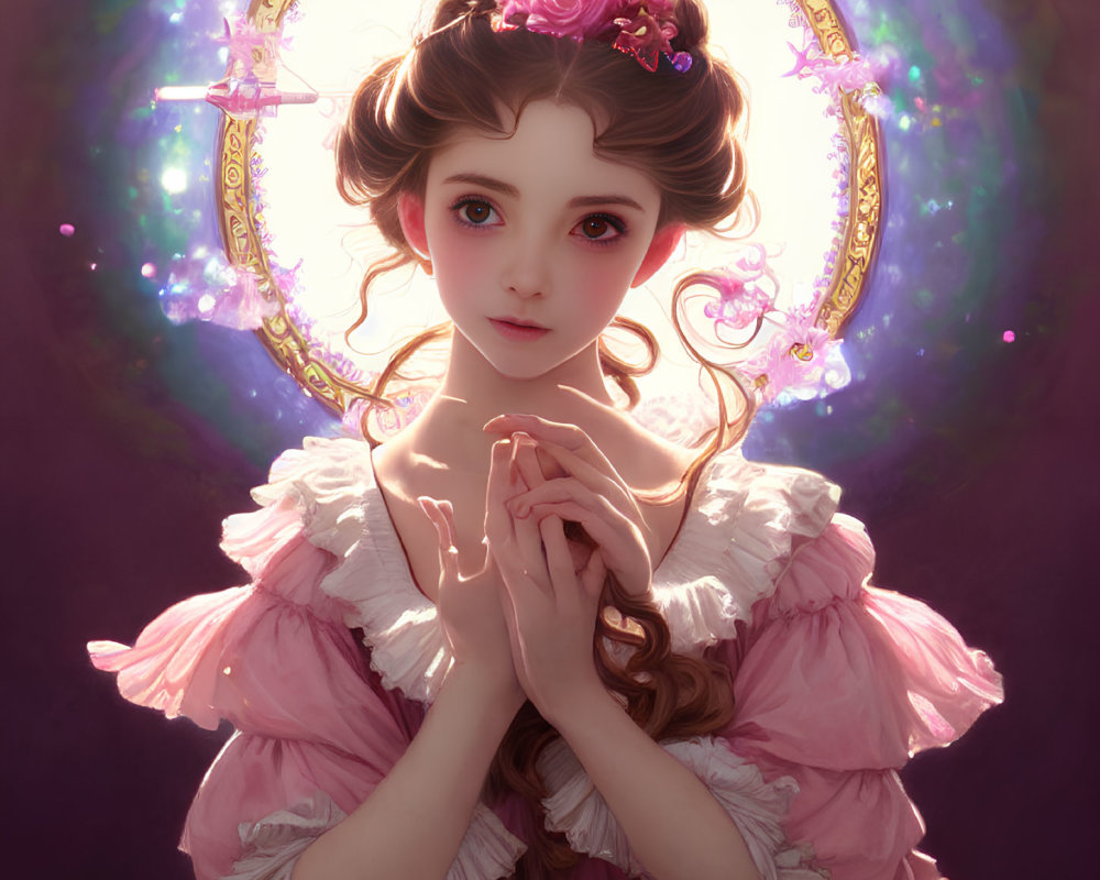 Digital art portrait of young woman in vintage pink dress with floral headpiece and golden halo.