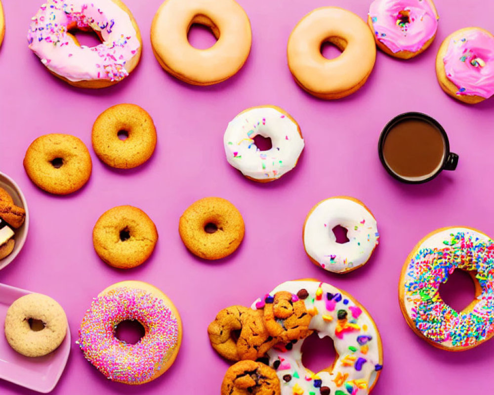 Assorted Donuts, Mini Donuts, Cookies, and Coffee on Pink Background