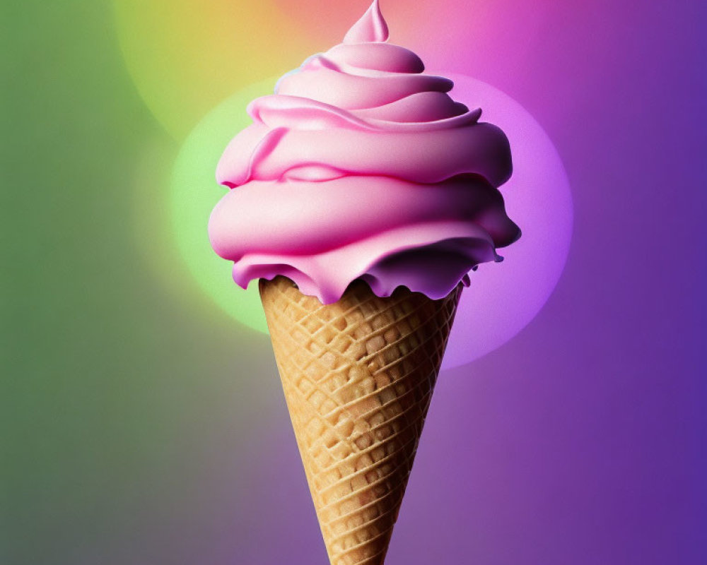 Pink soft serve ice cream cone on green, purple, pink gradient background