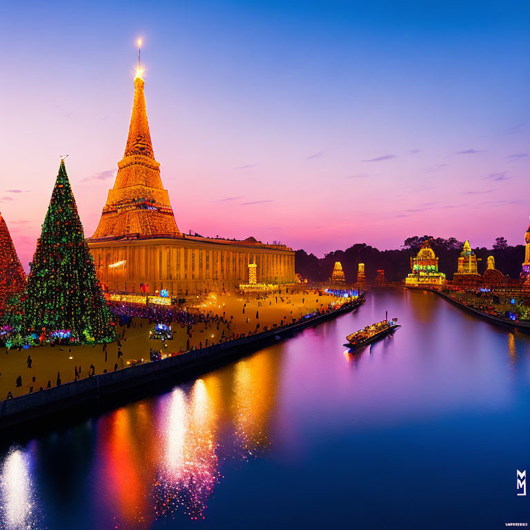 Large Pagoda and Christmas Tree Illuminated at Twilight by Water Body