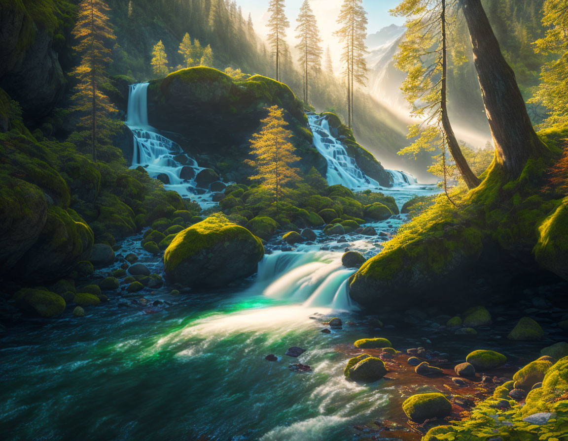 Tranquil forest waterfall with sun rays and mist