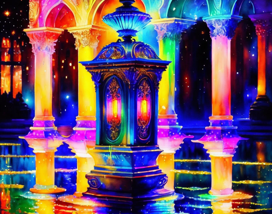 Colorful neon-lit fountain reflects on wet surface amid fantastical architecture