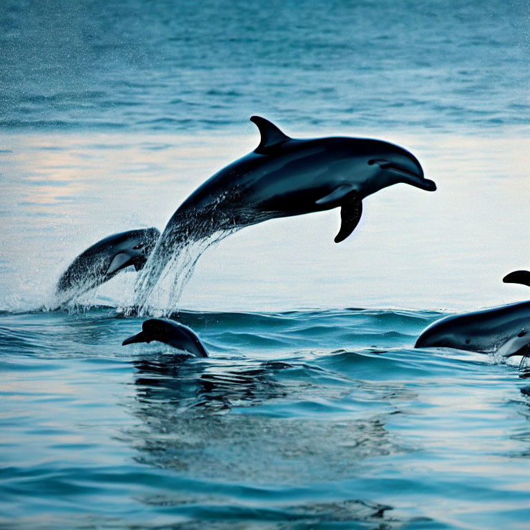 Pod of Dolphins Leaping Above Blue Ocean Water