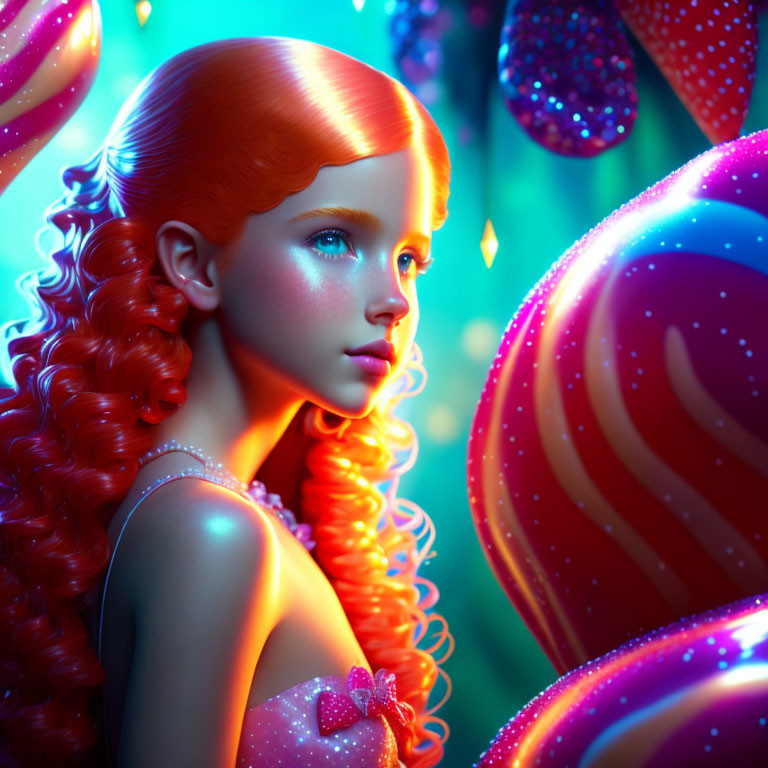 Vibrant digital artwork of girl with red hair in candy-themed setting