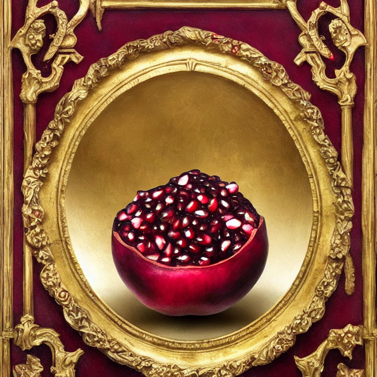 Half-Cut Pomegranate in Golden Frame on Red Background