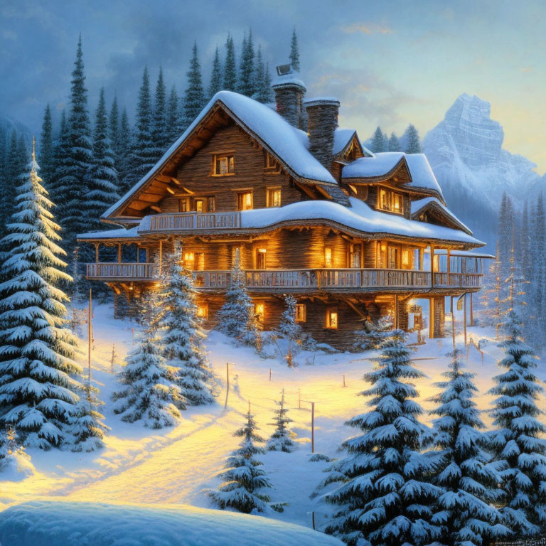 Snow-covered wooden cabin with lights in serene winter landscape