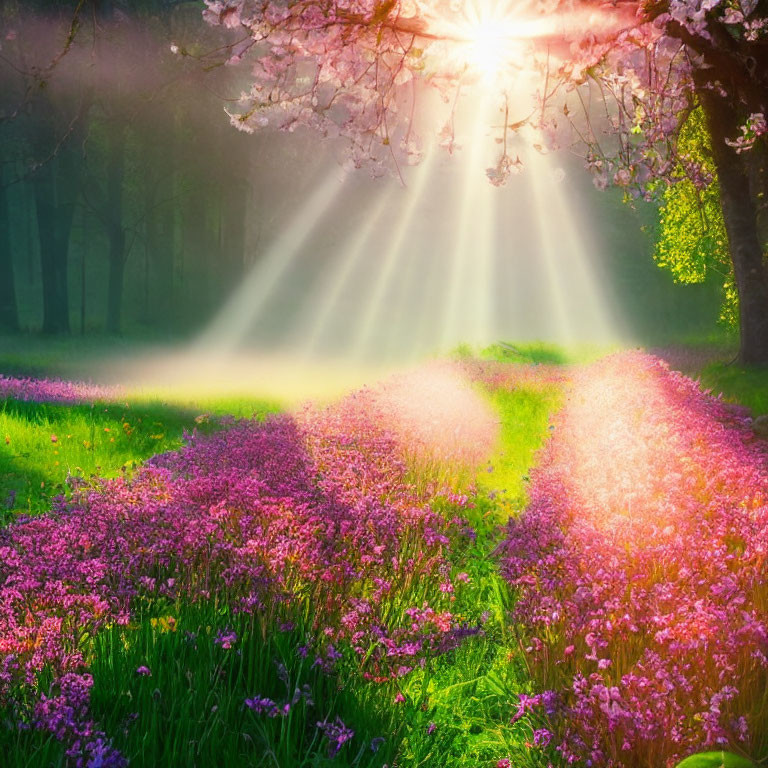 Sunbeams through cherry blossoms over purple flower field in misty forest