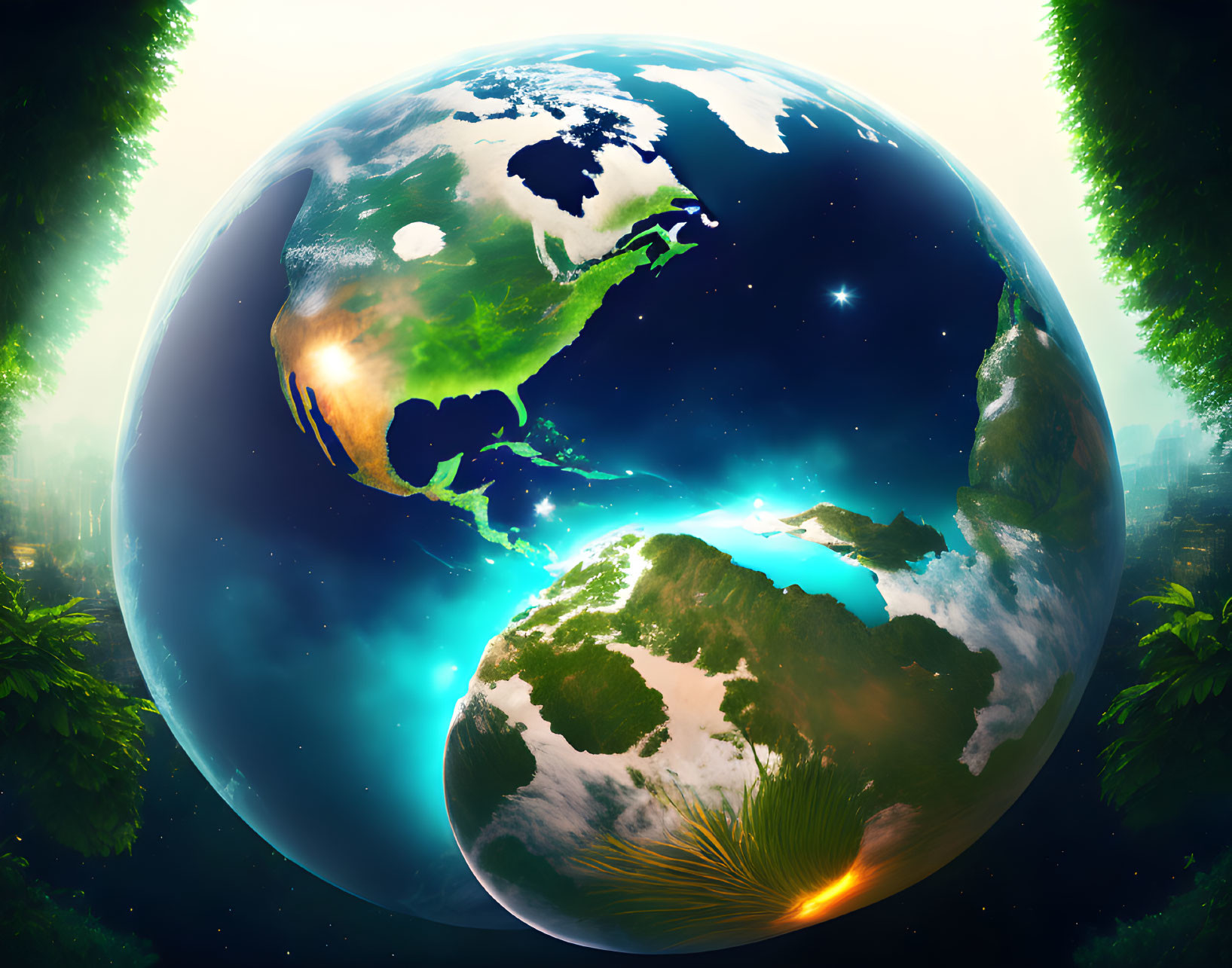 Artistic Earth depiction with lush greenery and glowing aura.