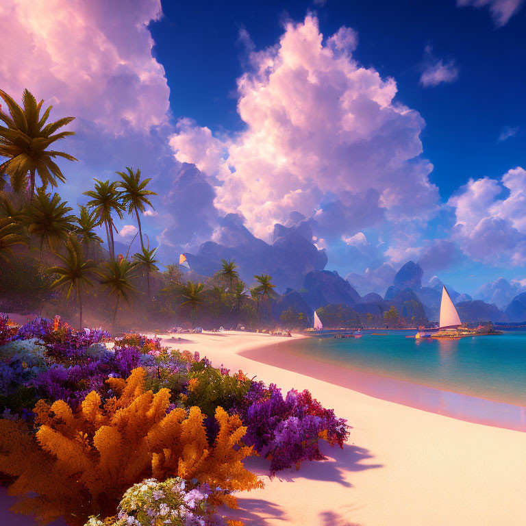 Colorful Beach Scene with Flora, Sailboats, Palm Trees, and Mountains