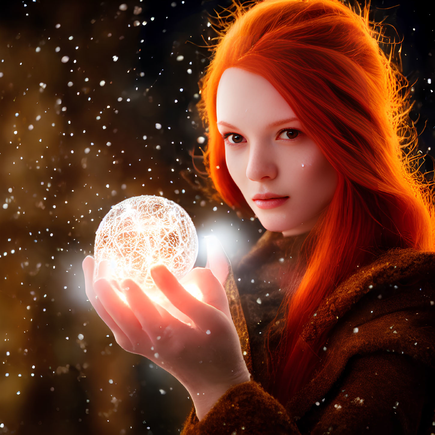 Red-haired person holds glowing orb in starry backdrop