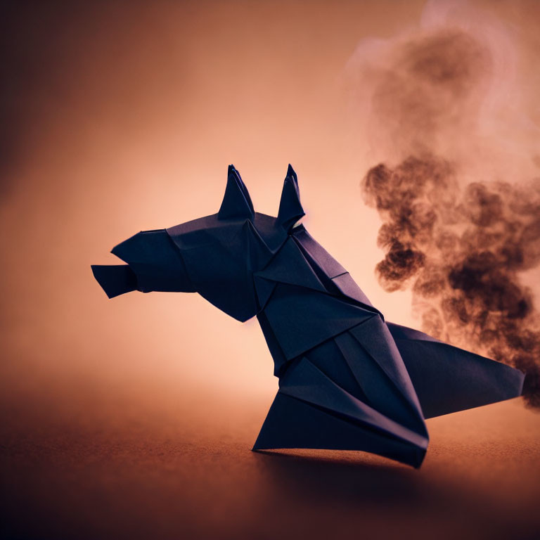 Origami Dog Figure with Smoke on Warm Background