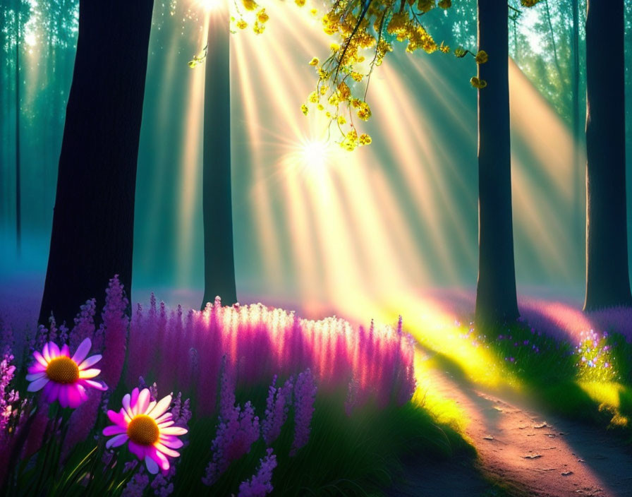 Forest Path Illuminated by Sunbeams and Vibrant Flowers