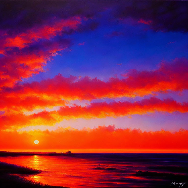 Vivid sunset painting with red and blue skies reflected on water