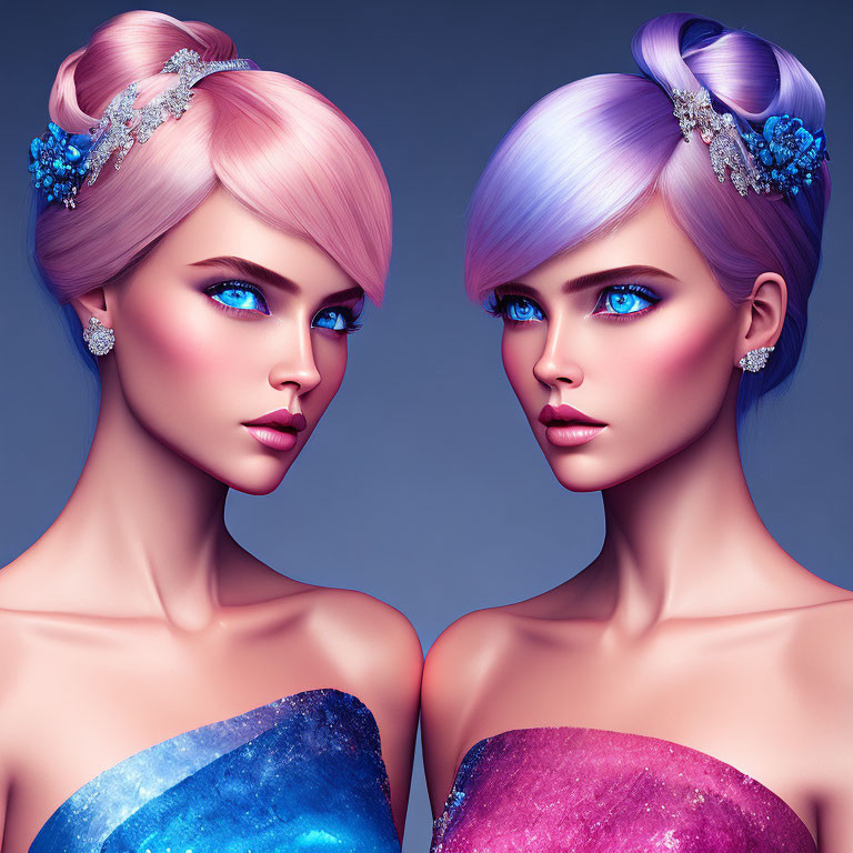 Stylized female figures with pink and purple hair and blue eyes on blue background