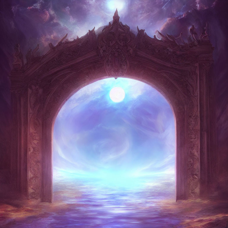 Stone archway leading to mystical purple sky with full moon