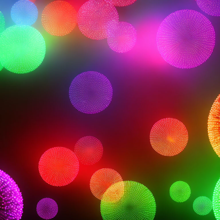 Colorful Glowing Orbs in Pink, Green, Purple, and Orange on Dark Background