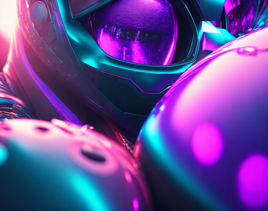 Futuristic helmet with neon lights and reflective surfaces