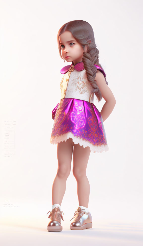 Young girl in white and purple dress with braided hair in 3D render