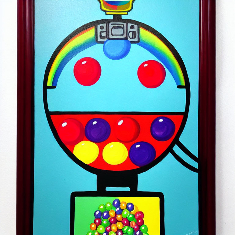 Vibrant gumball machine artwork with rainbow colors and gumballs on wall