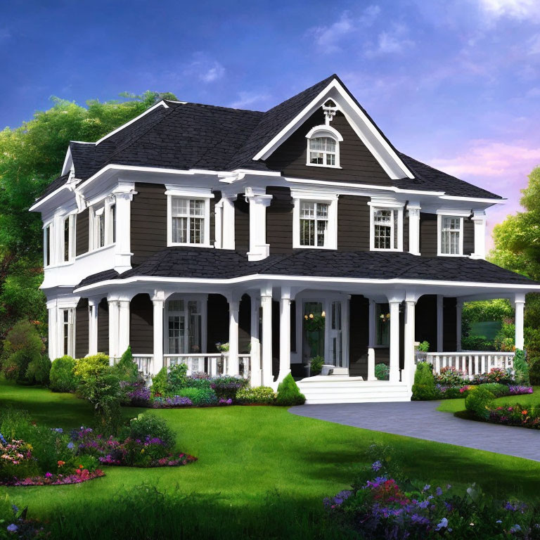 Dark Siding Two-Story House with Large Windows and Porch at Dusk